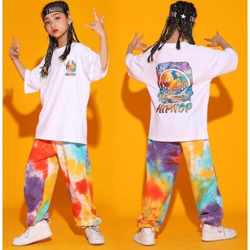 Trendy Hip Hop Clothes Kids Multi Color Pants Loose White T-Shirt Hiphop Girls Jazz Dance Practice Performance Stage Wear BL6437