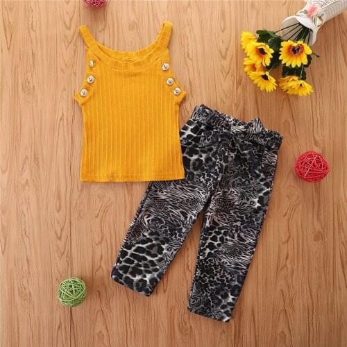 1-6Y Fashion Children Girls Clothing Sets Toddler Kids Girls Solid Sleeveless Tank Tops+Leopard Long Pants Outfits