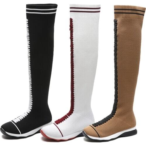 Fashion Over Knee Boots Women 2021 Autumn New Sock Boot Woman Mid Heel Casual Keep Warm Large Size Overknee Mesh Shoes Female