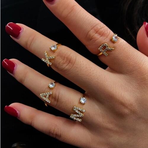 Initial Letter Rings For Women Fashion CZ Adjustable A-Z 26 Alphabet Gold Ring Elegant Jewelry Friendship Wedding Gift Wholesale