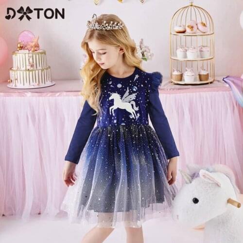 DXTON Kids Unicorn Girls Dresses Long Sleeve Princess Dress Winter Children Party Vestidos Flying Sleeve Cartoon Girls Clothing