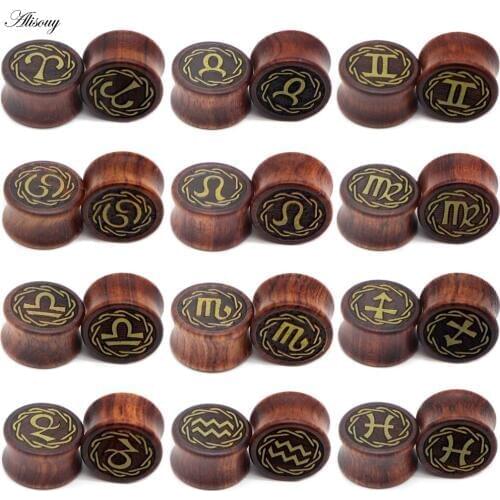 Alisouy 8-20mm Twelve Constellation ear Plug Tunnel Wood Tunnels Piercing Ear Stretchers Ear Gauges Dilataciones oreja Piercing