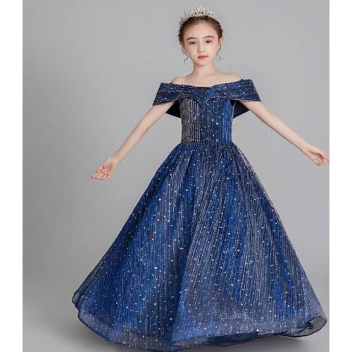 Luxury Children Girl Dress Birthday Party Piano Catwalk Sequines Ball Gown Kids Pageant Shouderless Dress For Girl Vestidos L125