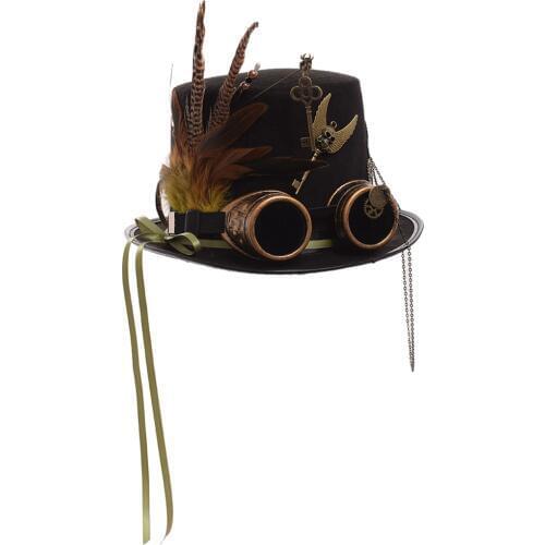 Ladies Black Feather Women Fedoras Steampunk Gears Men Top Hat With Goggles