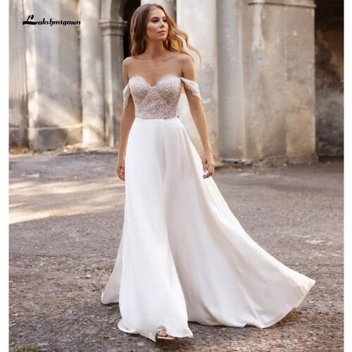 Suknie weselne 2021 Newest Two Pieces High Split Off The Shoulder Wedding Dresses With Back Buttons vestidos de mujer boda