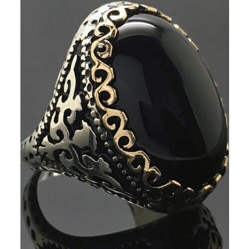 Vintage Large Black Stone Rings for Women Wedding Silver Color Hollow Pattern Ring Men Bague Femme Luxury Jewelry Anillos Mujer