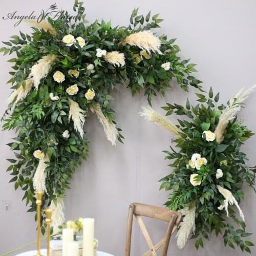 Green plants Dried Pampas Grass Artificial Flower Wall Wedding Arch Decor Corner Flower Row Stage Backdrop Party Window Display