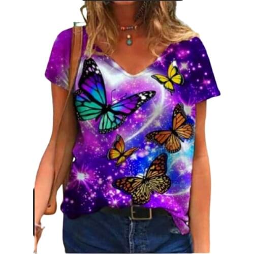 New 2021 Fashion Women 3D Butterfly Print T Shirt Loose Plus Size Casual Tops Summer Oversized Ladies Short Sleeve V-Neck Tee