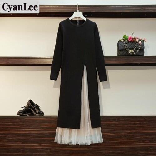 Cyanlee 2 Piece Set Women 2020 Elegant Long Sweater Dress+Pleated Mesh Skirt 2pcs Female Slim Knitted Top And Pleated Skirt Set