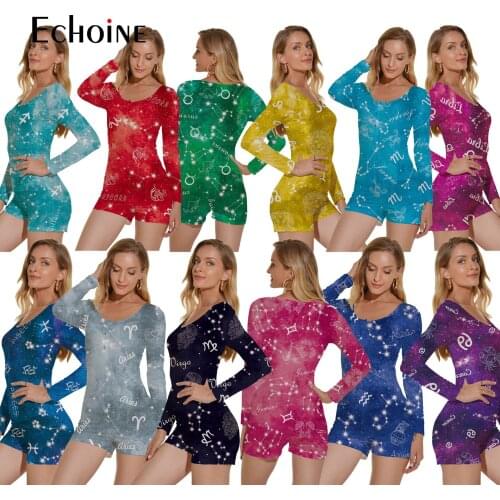 Echoine Women Sexy zodiac Onesies Playsuit Pajama Romper Bodycon Lady Casual V Neck Jumpsuit Shorts Leotard Home Wear Tracksuit