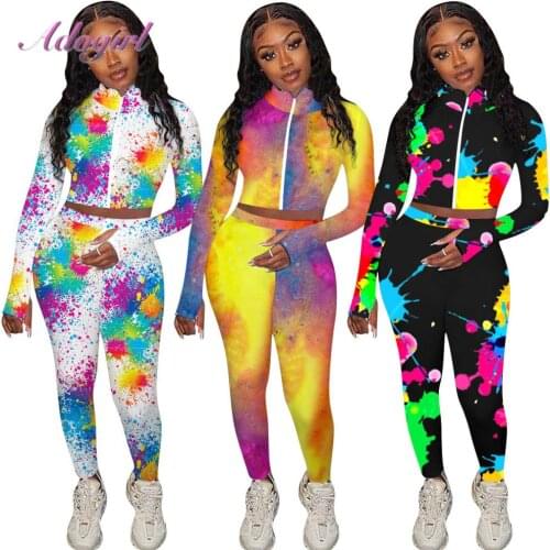 Tie Dye Print WomenS Sets Long Sleeve Zipper Jacket Tops Pants Suit Workout Streetwear Two Piece Sets Outfit Jogger Tracksuit