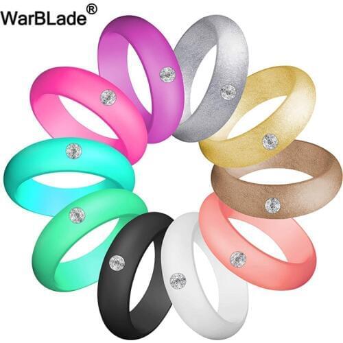 10pc/set Women Silicone Ring With Rhinestone Hypoallergenic Crossfit Flexible Rubber Finger Rings For Women Wedding Jewelry Gift