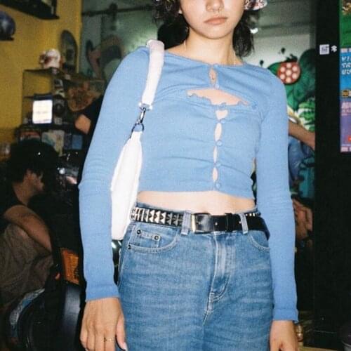 2000s Retro Independent Crop T-shirt Long-sleeved Hollow Blue T-shirt Basic Sexy Slim Top Autumn Womens Clothing Y2K Style