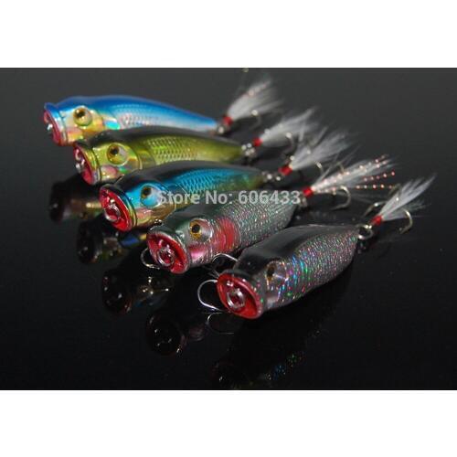 5PCS fishing lure floating Popper Lures Feather hook Crank Twitchaits 10g/7cm Free shipping