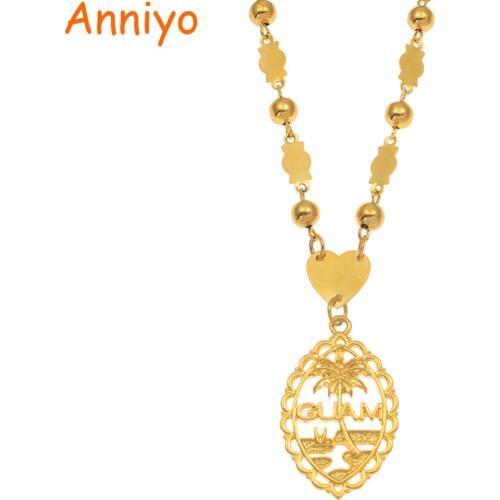 Anniyo Guam Pendant With 6mm Ball Beads Necklaces for Women Girls Gold Color Mariana Guam Jewelry Gifts #166506