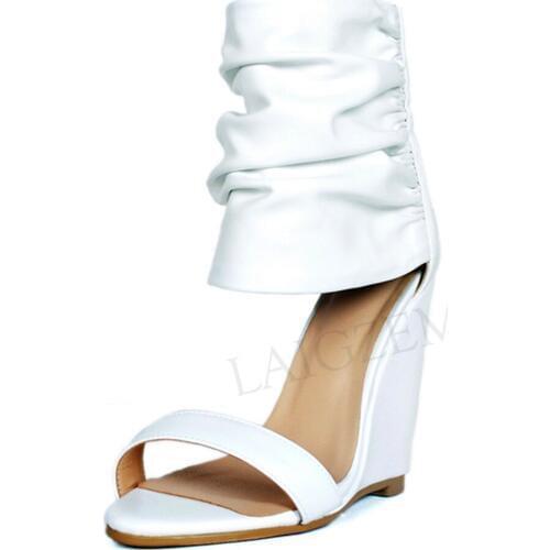 BERZIMER Women Wedges Sandals Pleated Ankle Wrap Back Zip Pumps Zapato Wedding Ladies Female Shoes Woman Large Size 39 45 47 52