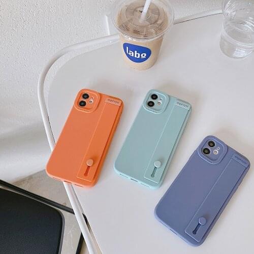 Plain Color Case With Wrist Stand Holder Phone Case For iPhone 11 12 Pro Max X XR XS 7 8 Plus Camera Lens Full Protection Cover
