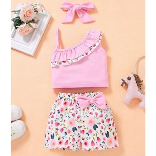 Childrens Sets Girl’s Summer Three Piece Set Fashion Ruffles Suspender Tops and Flower Bow Short Pants with Headband for 18M-5T
