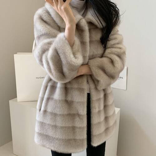 Long Jacket Women Winter 2020 Femme Veste Faux Fur Coat Gradient Mink Turn-down Collar Stripe Clothes Warm Soft Furry Overcoat