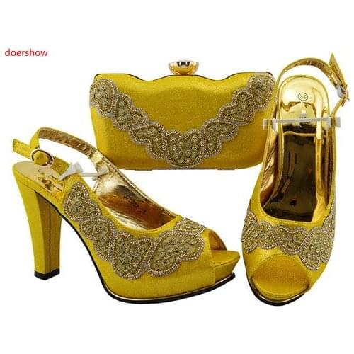 Doershow African gold Shoes and Matching Bags Italian Nigerian Shoes and Matching Bags Set Decorated with Rhinestones!SWD1-6