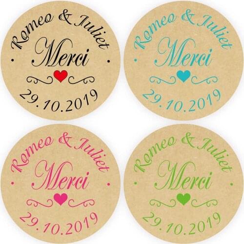 DouxArt 100 Pieces 4cm Stickers Personalized Merci Wedding Favors, Heart Kraft Communion Baptism Party Gift Handmade Labels