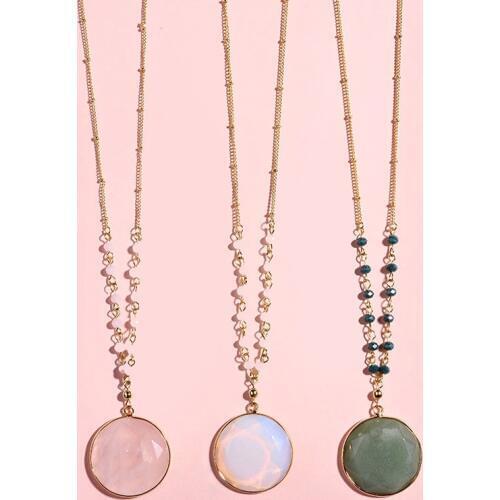European Popular Long Chain Round Framed Faceted Natural Opal Stone Pendant Necklace for Women