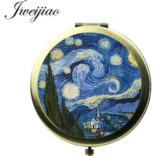 JWEIJIAO Famous Van Gogh Paintings Glass Cabochon Pocket Mirror Vintage Round Compact Makeup Hand Vanity mirrors Art craft