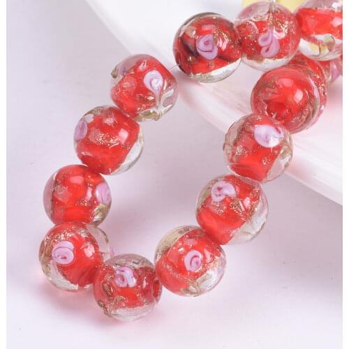 Round 10mm Flower Patterns Red Handmade Lampwork Crystal Glass Loose Beads For Jewelry Making Crafts Findings
