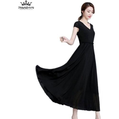 TNLNZHYN summer new Women clothing dress fashion Short sleeve large size high-end Sexy V collar Female long Chiffon dress QW31
