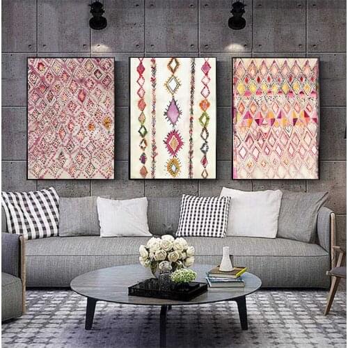 Moroccan Rug Pink Posters and Prints Eclectic Home Decor , Bohemian Art Watercolor Canvas Painting Pictures Wall Decoration