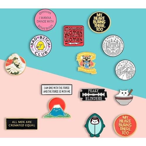 Cartoon creative brooch, round personality badge, little yellow duck, geometric letters, shark, waves, cat, Mount Fuji lapel pin