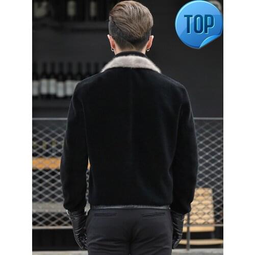 Men Clothing Winter Sheep Shearing Real Fur Coat Men Grey Mink Fur Collar Short Mens Leather Jacket Wool Coat Plus Size