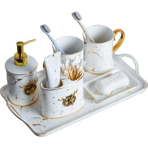 Bathroom Set Ceramic Liquid Soap Dispenser/Dish Toothbrush Holder Gargle Cup Birthday Presents Elk Finished 5 Piece Set White