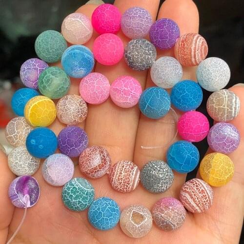 Natural Frost Colorful Web Cracked Dream Fire Agates Stone Round Loose Spacer Beads For Jewelry Making Handmade DIY Bracelet