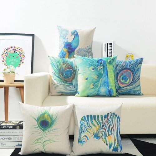 American Rural Watercolor Peacock Feather Pillow Cover Blue Green Zebra Cushion Home Decorative PillowCase for Office Sofa