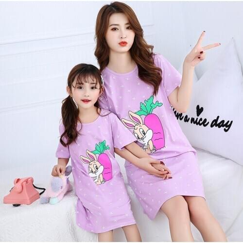 Girls Nightdress New Summer Cotton Nightgowns Mother Kids Sleepwear Girl Cute Cartoon Night Dress Nightwear Teenage Sleepshirts