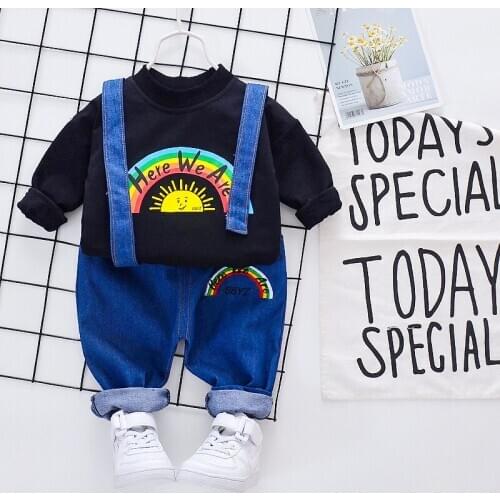 New Toddler Girl Clothes 2pcs Set Rainbow Print Long Sleeve Sweater Tops+Overalls Denim Pants Fashion Cool Baby Boy Clothes 0-3Y