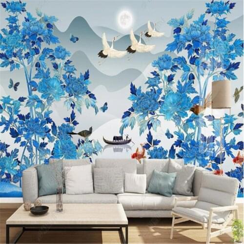 New Chinese Gongbi Peony Wallpaper for Living Room Flower and Bird Koi Crane TV Sofa Background Wall Paper Home Decor Murals