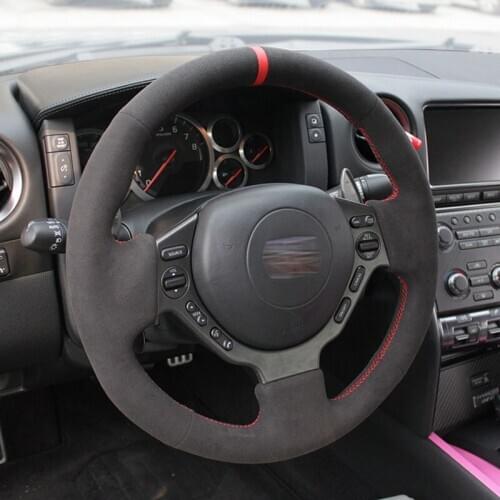 DIY All Black Suede Leather Steering Wheel Red Stitch on Wrap Cover Fit For Nissan GTR GT-R 2008-2015
