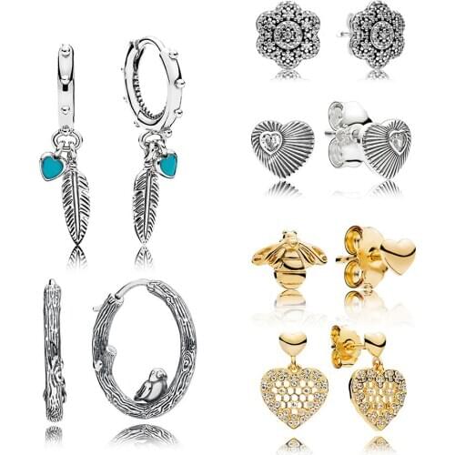 2019 100% 925 Sterling Silver 18k Gold Bee Lace Lace Honeycomb Earrings Spring Limited Edition Bird Holy Feather Small Shell