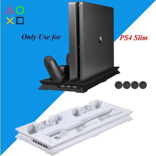 PS4 Slim Vertical Stand Cooling Fan Cooler & Dual USB Charger Charging Dock with 3 Extra HUB for Playstation 4 PS4 Slim + 4 Caps