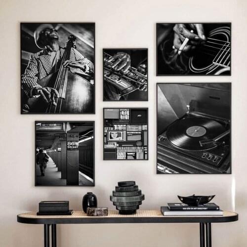 Vintage Figure Musical Instruments Painting Wall Art Print and Poster Black and White Picture Canvas Painting for Home Decor