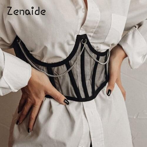 Zenaide Chain Details Mesh Corset Belt Female Outfits Sexy Bandage See Through Fashion Waist Shaper Black Corset
