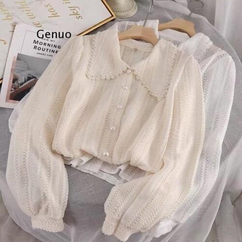 Autumn New 2021 Fashion Women Long Sleeves Peter Pan Collar Tops Shirts Female Elegant Lace Office Ladies Hollow Out Blouses