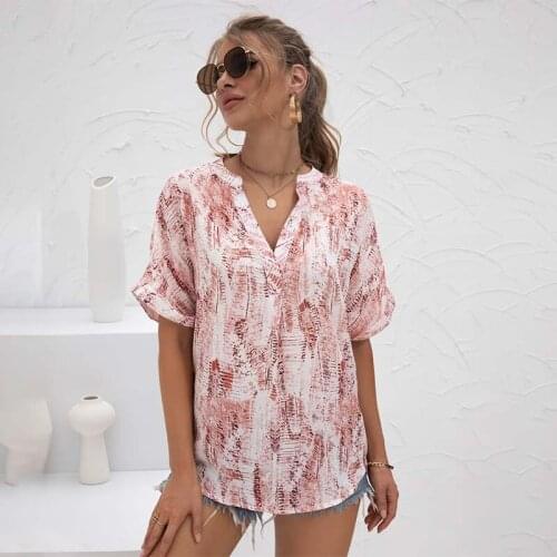Women Chiffon T Shirt V Neck Tie Dye Short Sleeve Tops Female Casual Loose Pullover Streetwear Summer New Tee Shirts