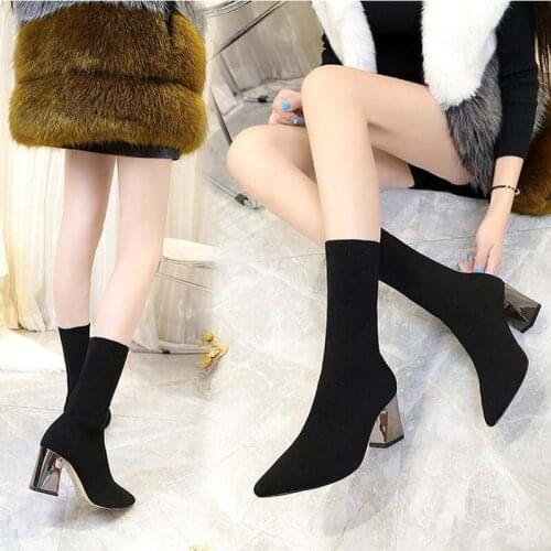 Masorini Ankle Elastic Sock Boots Chunky High Heels Stretch Women Autumn Sexy Booties Pointed Toe Women Pump Size 40 W-295