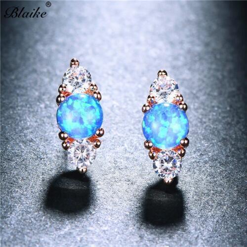 Blaike Boutique Four Matches Blue/White Fire Opal Stud Earrings For Women Silver Color/Rose Gold Filled Party Gift