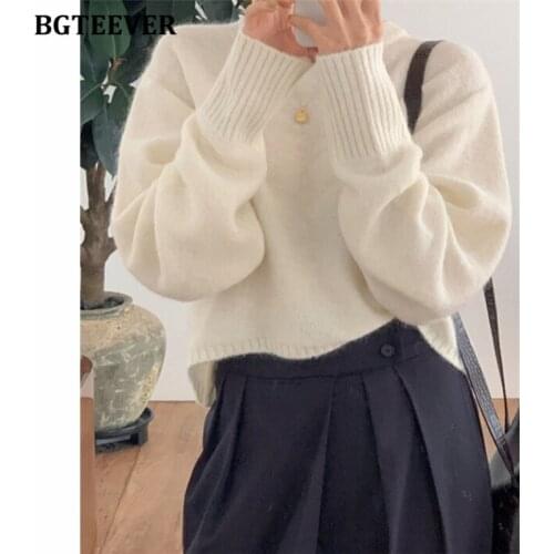 BGTEEVER Casual Loose Mohair Female Knitted Pullovers Autumn New Fashion O-neck Long Sleeve Short Women Sweater Jumpers 2021