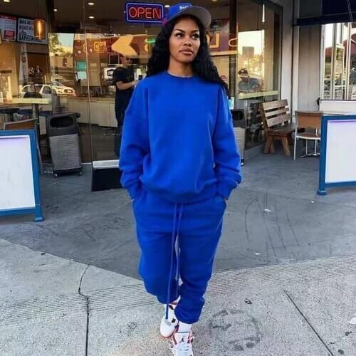 Casual Pullover Sweat Suits Women Tracksuit 2 Piece Set Winter Clothes Solid Thick Warm Jogging Sweatshirts and Sweatpants Set