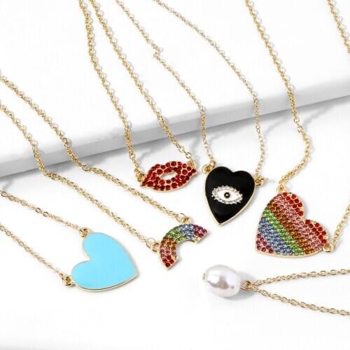 Vintage Boho Fashion Simple Pendant Necklaces For Women Sexy Lips Colorful Crystal Heart-shape Eye Rainbow Necklace Jewelry Gift